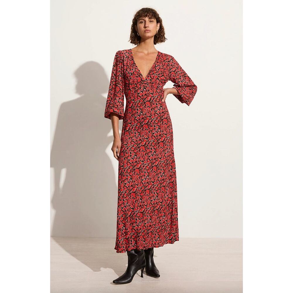 NWT Faithfull The Brand Marcia Midi Rose Plunge Neck Long Sleeve Maxi Dress